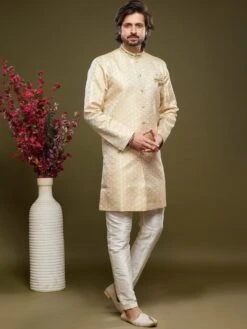 Cream Banarasi Silk Sherwani Set With Weaves