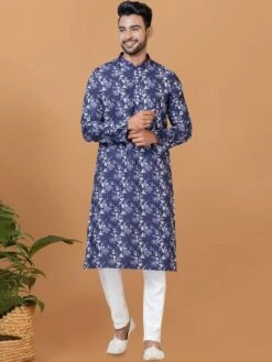 Blue Floral Kurta Pyjama In Cotton