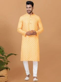 Yellow Cotton Kurta Pyjama With Prints