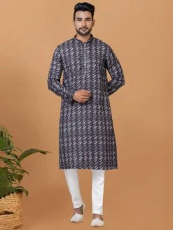 Dark Blue Floral Kurta Pyjama In Cotton