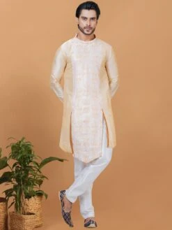 Cream Asymmetric Kurta Pyjama In Silk