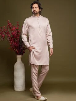 Beige Festive Wear Kurta Pyjama In Silk