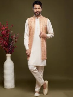 Off White Party Wear Kurta Pajama Set In Silk