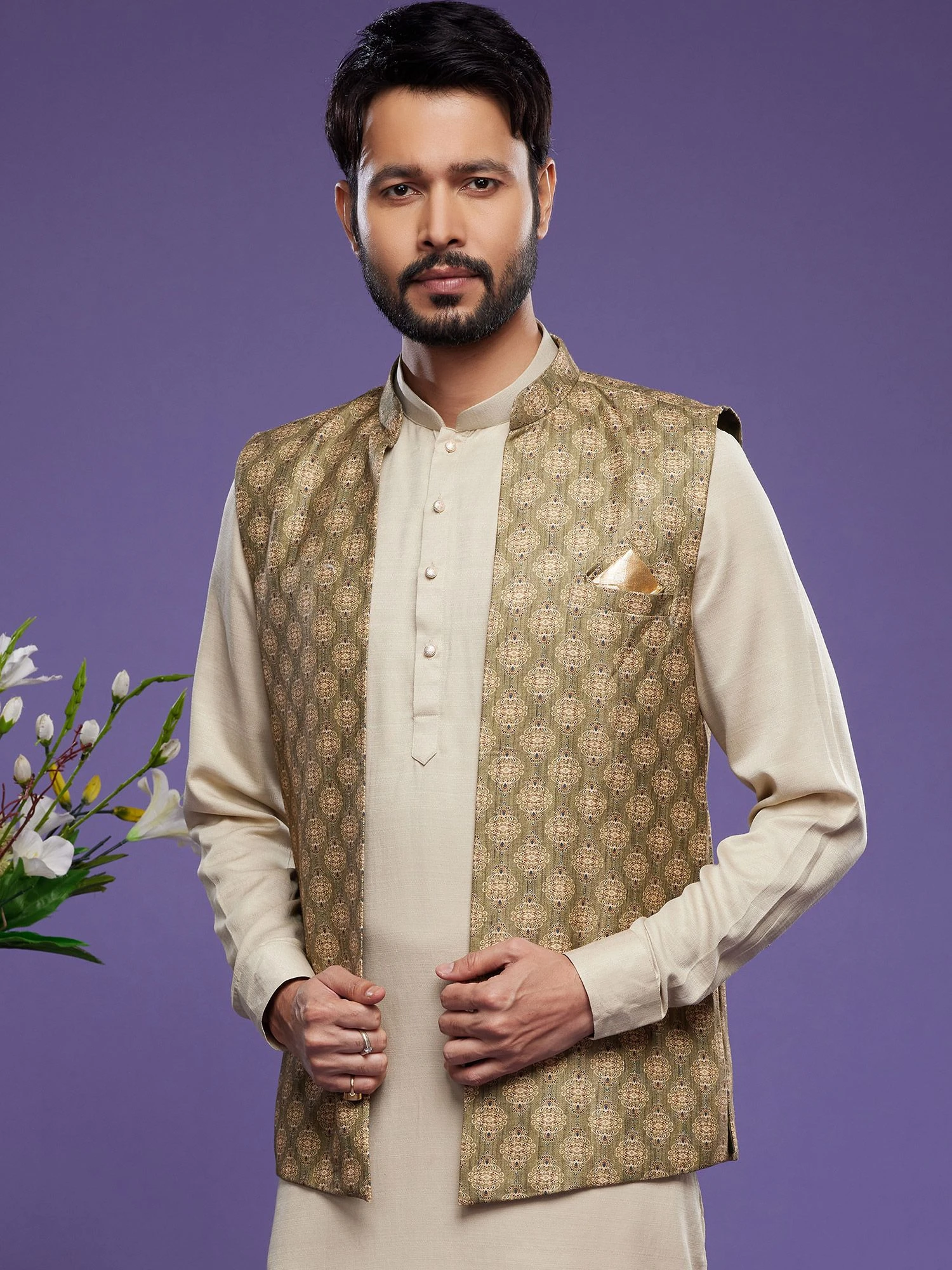 Beige Festive Kurta Pyjama With Printed Jacket 4 Beige Festive Kurta Pyjama With Printed Jacket - Image 2
