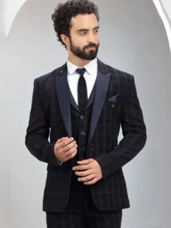 Navy Blue Checkered Mens Three Piece Suit -Riwaayat Store p1058mw02 2