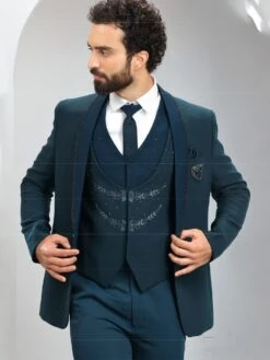 Teal Blue Cutdana Embellished Suit With Chest Jacket