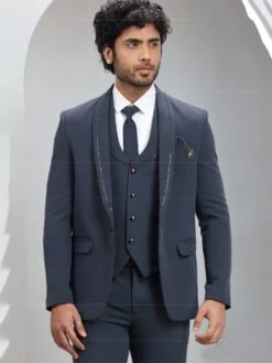 Blue Italian Mens Suit With Stone Embellished