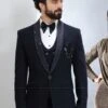 Dark Blue Zari Stripped Three Piece Mens Tuxedo -Riwaayat Store p1058mw27 1