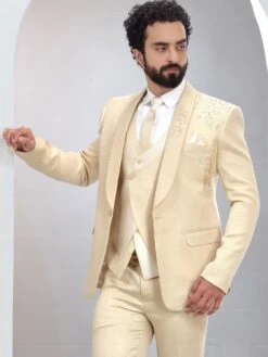 Cream Hand Embroidered Mens Suit In Three Piece