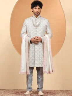 White Grooms Embroidered Sherwani In Silk