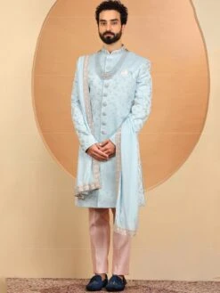 Blue Wedding Mens Sherwani In Jacquard
