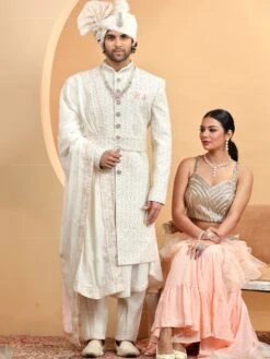 Off White Mens Sherwani With Anarkali Kurta