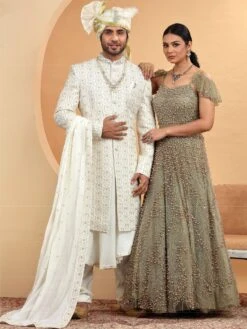 White Anrakali Styled Embroiderd Grooms Sherwani