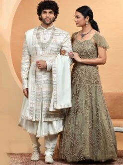 Cream Designer Grooms Sherwani With Anarkali Kurta