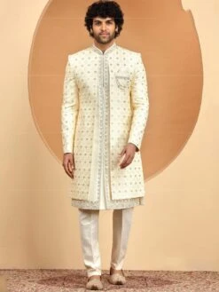 Warm White Floral Motif Embroidered Mens Sherwani