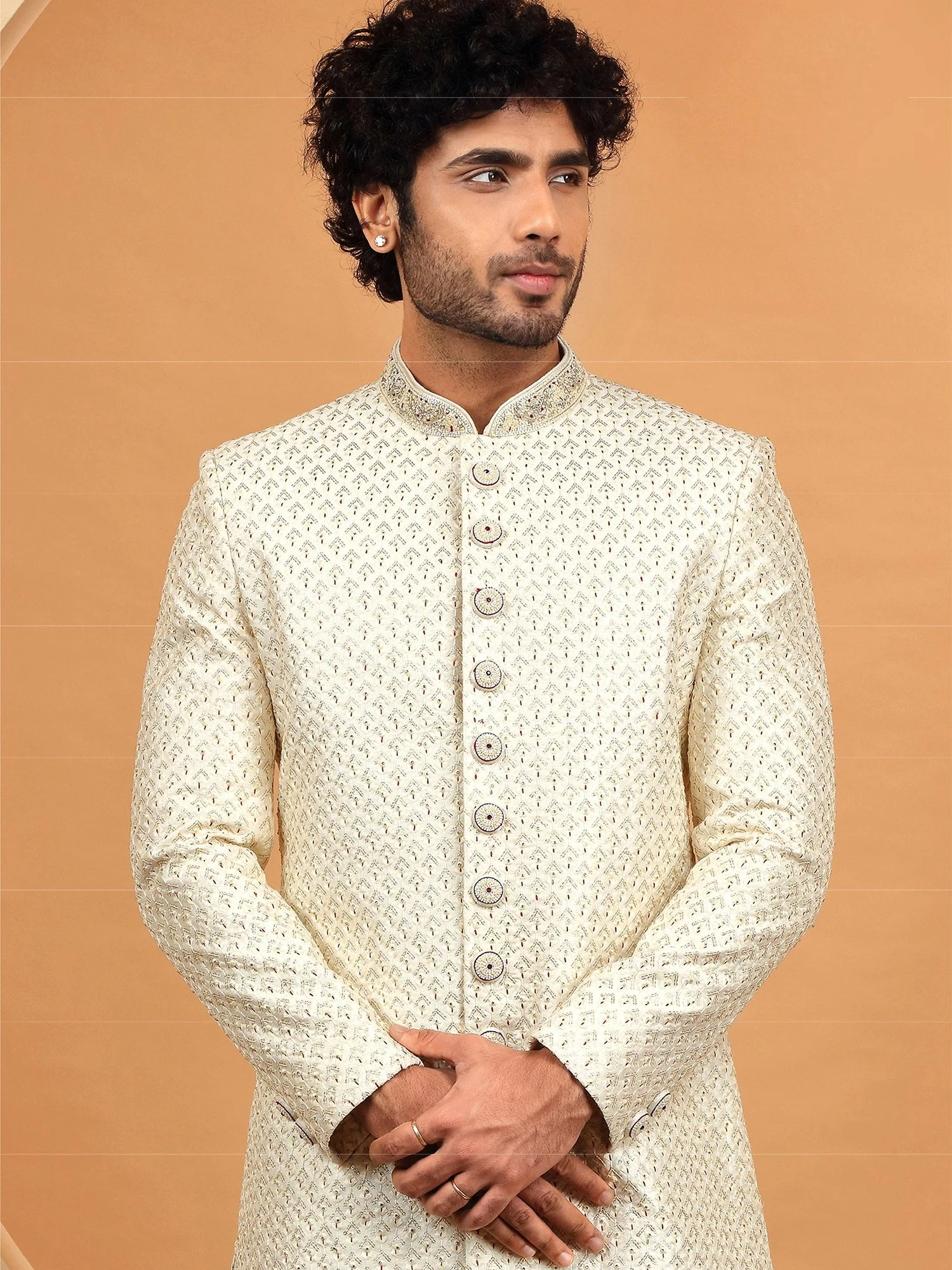 Cream Ravishing Hand Embroidered Silk Sherwani 4 Cream Ravishing Hand Embroidered Silk Sherwani - Image 2