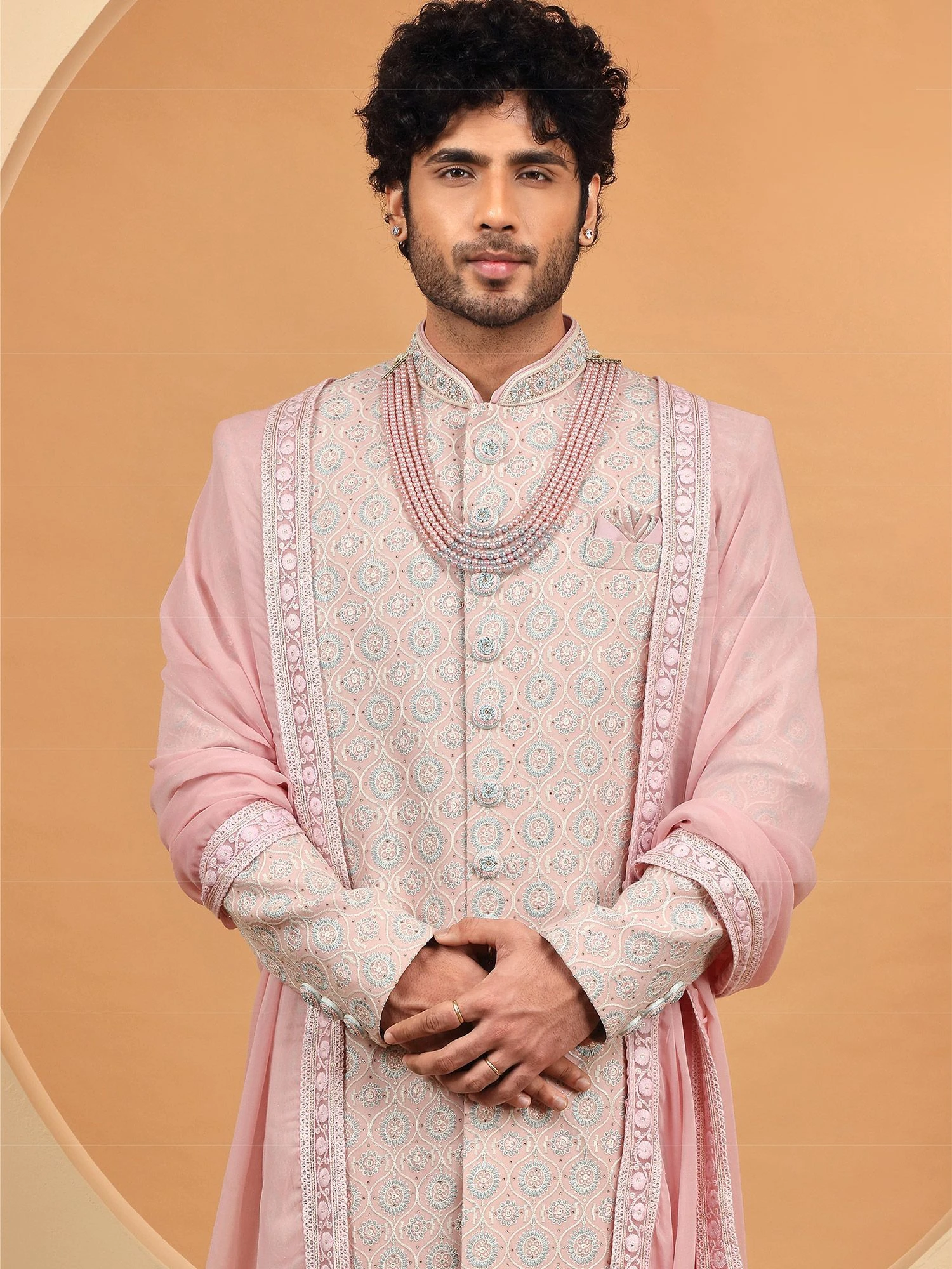 Pink Hand Work Embroidered Mens Sherwani 4 Pink Hand Work Embroidered Mens Sherwani - Image 2
