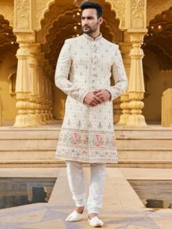 Cream Wedding Embroiderd Sherwani For Mens