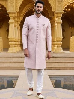 Pink Stone Work Sherwani For Mens In Silk
