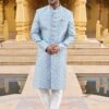 Sky Blue Sequined Sherwani In Silk