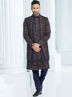Blue Mens Embroidered Indowestern