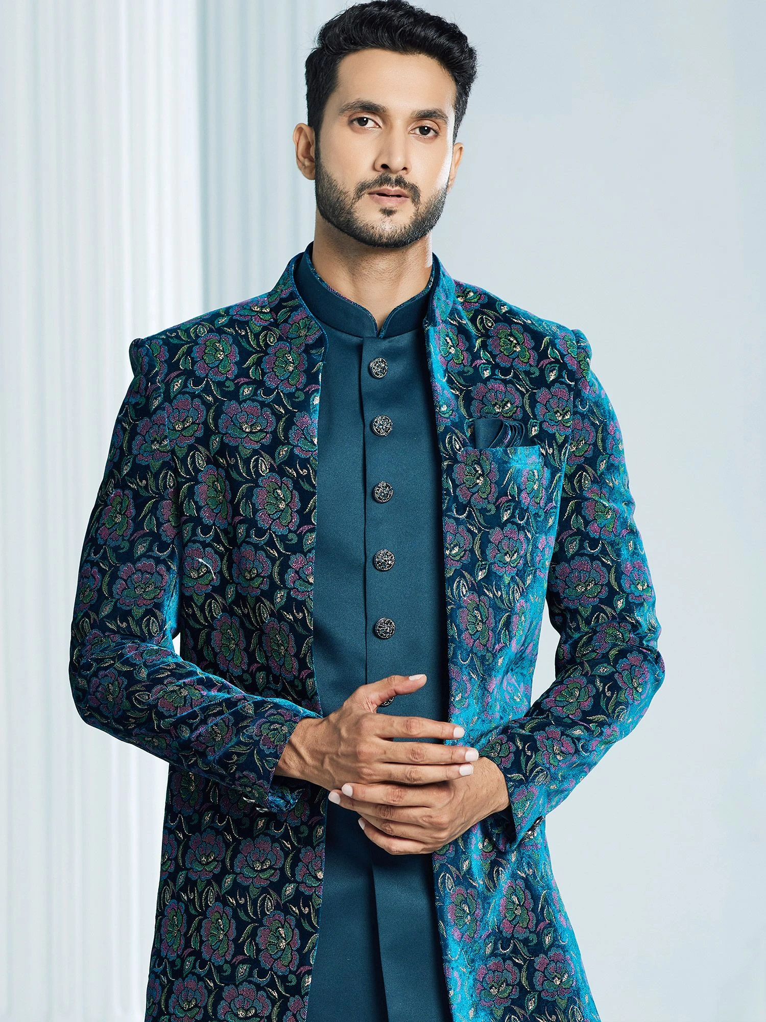 Blue Floral Embroidered Jacketed Indowestern 4 Blue Floral Embroidered Jacketed Indowestern - Image 2