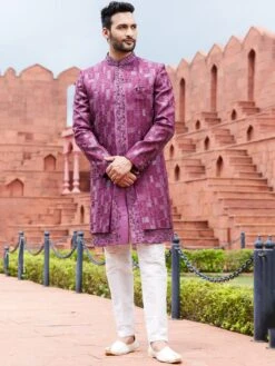 Pink Hand Embroidered Silk Mens Indowestern