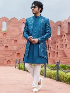 Blue Assymetric Readymade Mens Indowestern