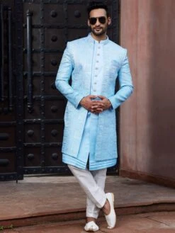 Sky Blue Silk Woven Indo Western Sherwani