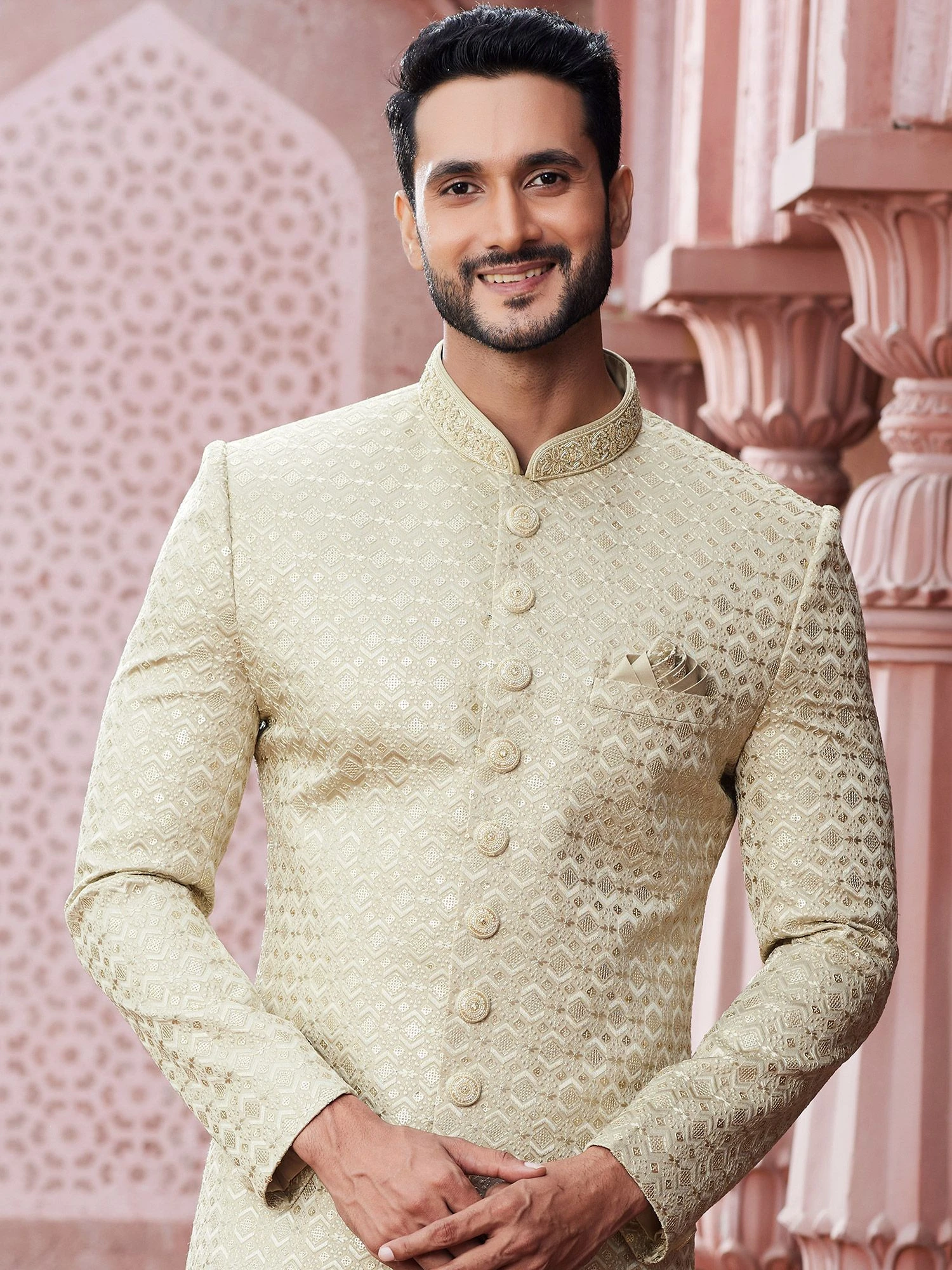 Cream Geometric Pattern Mens Indowestern 4 Cream Geometric Pattern Mens Indowestern - Image 2