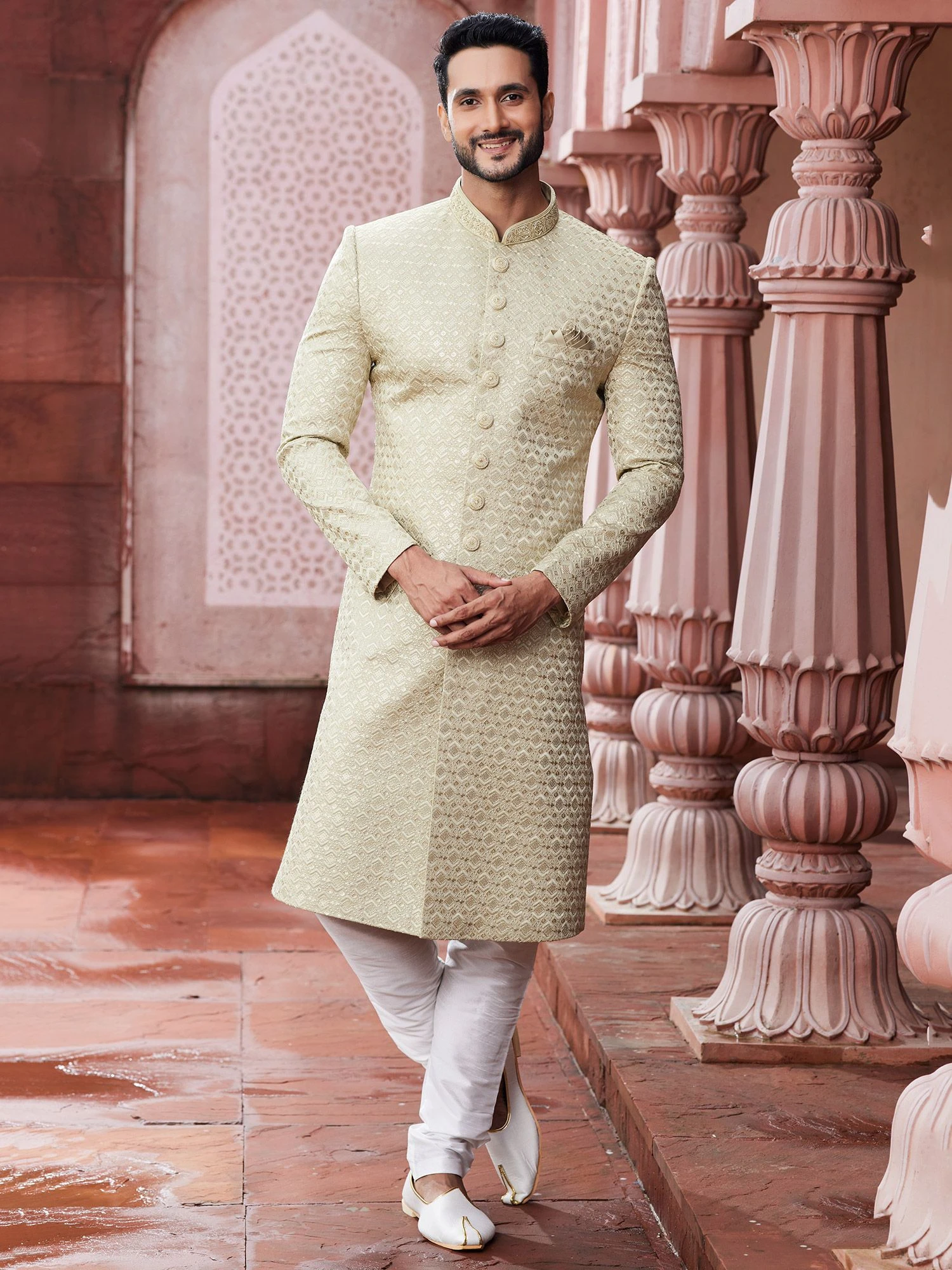 Cream Geometric Pattern Mens Indowestern 3 Cream Geometric Pattern Mens Indowestern