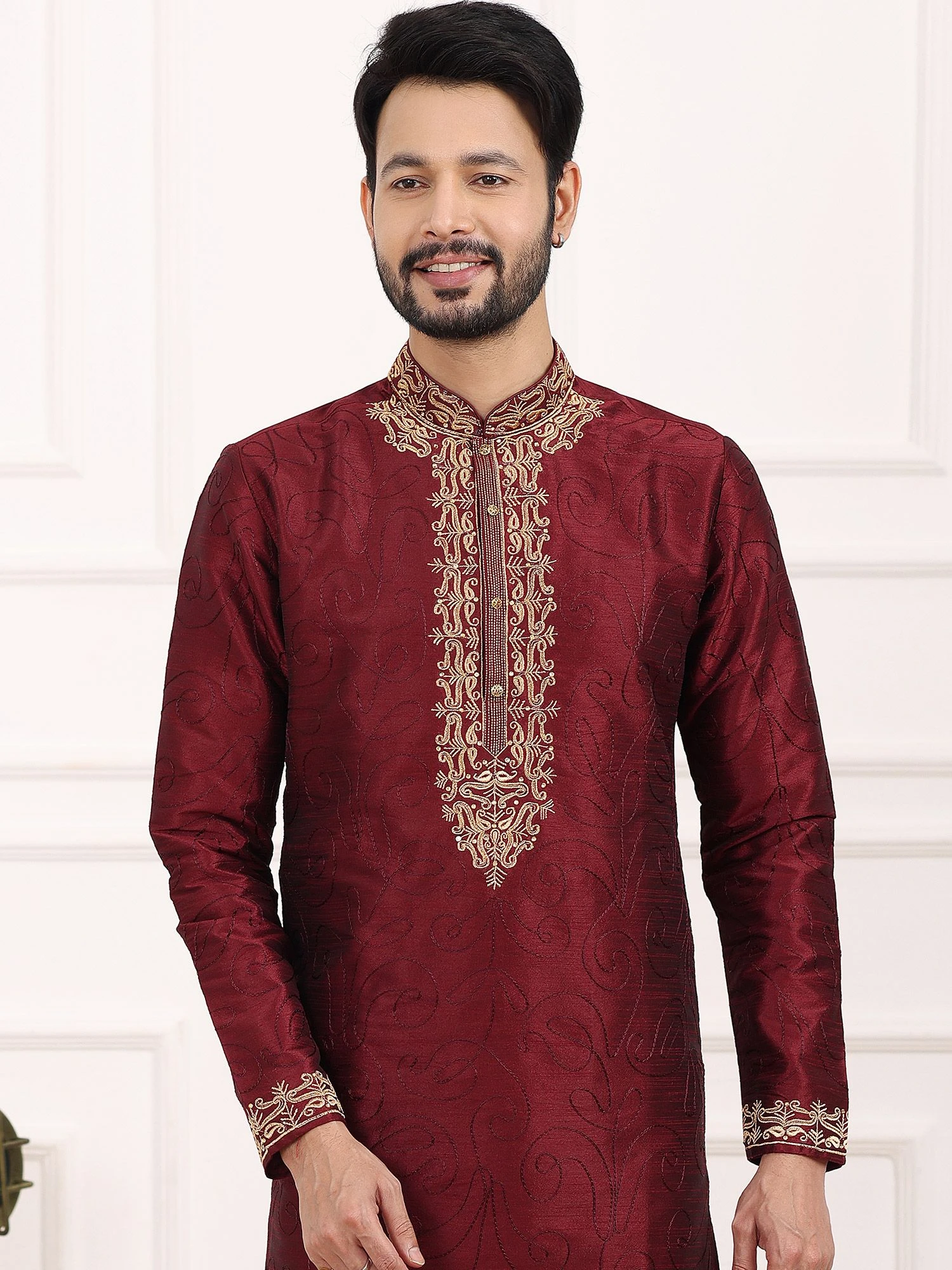 Red Color Kurta Pyjama In Silk Fabrics 4 Red Color Kurta Pyjama In Silk Fabrics - Image 2