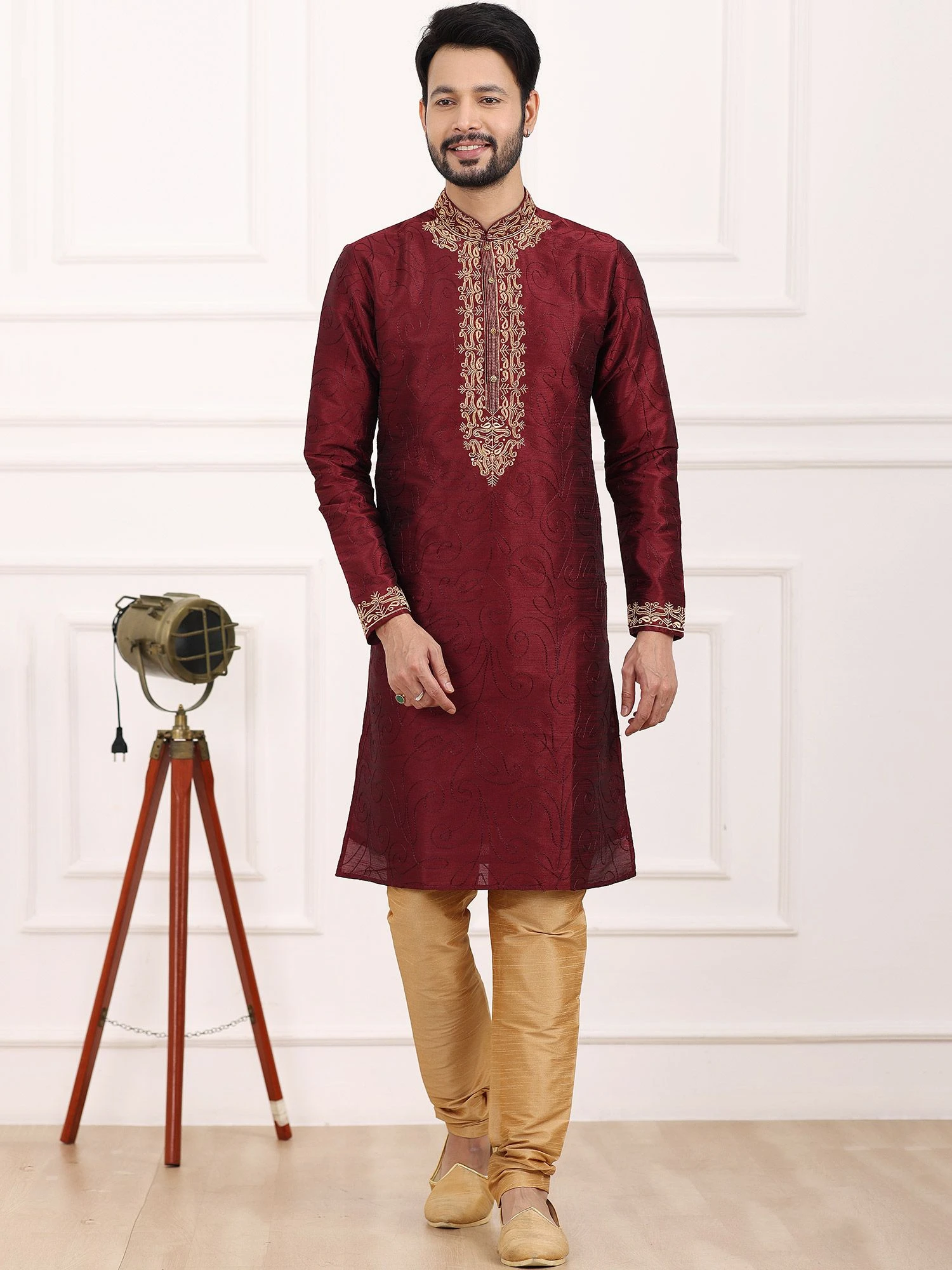 Red Color Kurta Pyjama In Silk Fabrics 3 Red Color Kurta Pyjama In Silk Fabrics