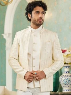 Cream Festive Bandhgala Suit With Jacket -Riwaayat Store p1065mw06 1 4