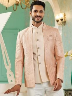 Peach Silk Jacketed Mens Bandhgala Suit -Riwaayat Store p1065mw07 1 3