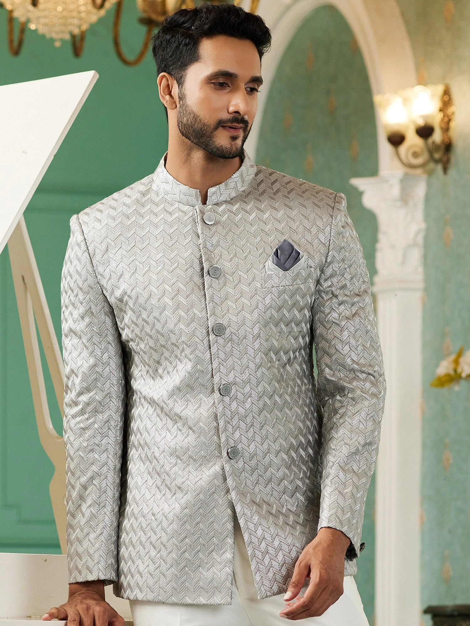 Grey Stylish Jodhpuri Suit For Mens In Silk 6 Grey Stylish Jodhpuri Suit For Mens In Silk - Image 4
