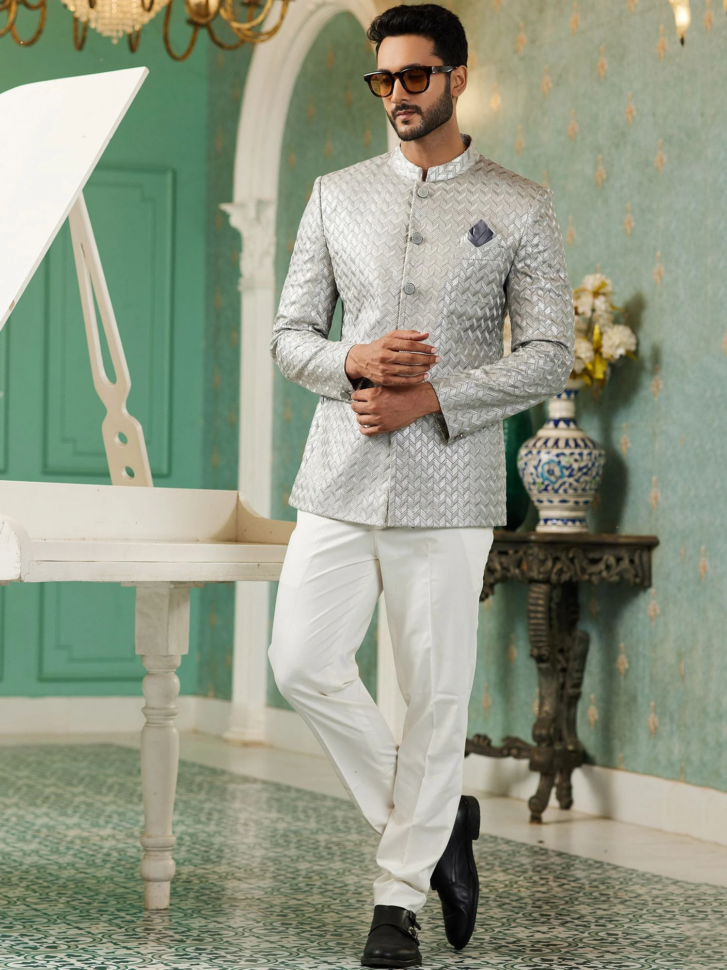 Grey Stylish Jodhpuri Suit For Mens In Silk 5 Grey Stylish Jodhpuri Suit For Mens In Silk - Image 3
