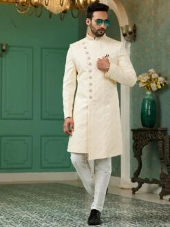 Off White Floral Weaving Mens Indo Western