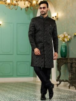 Black Indowestern Sherwani In Jacquard