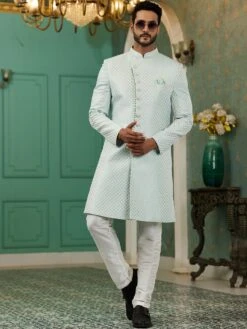 Seafoam Blue Mens Indowestern In Silk