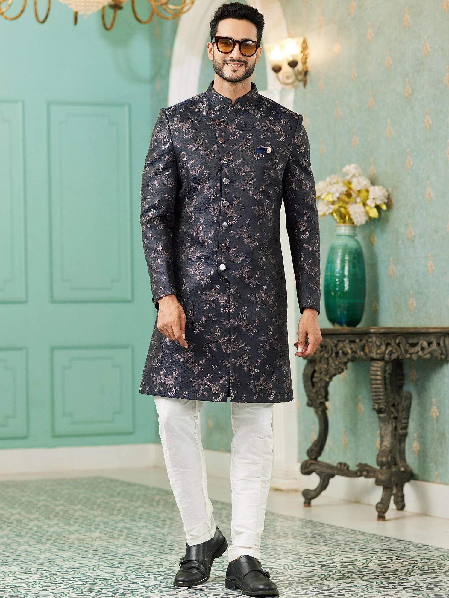 Black Italian Fabric Mens Indowestern 3 Black Italian Fabric Mens Indowestern