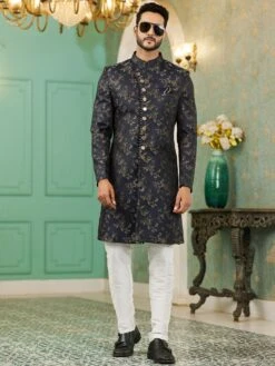 Black Mens Indowestern In Floral Weaving