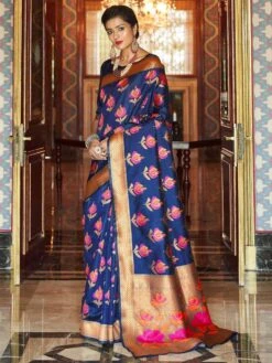 Blue Floral Woven Festive Handloom Silk Saree