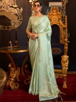Green Floral Woven Satin Saree