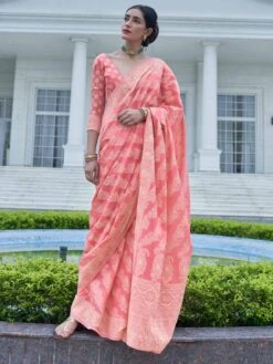 Peach Party Wear Woven Saree In Chikankari