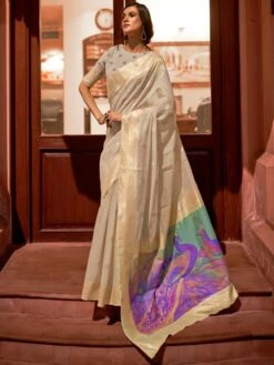 Beige Zari Woven Traditional Silk Saree