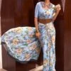 Blue Party Wear Saree With Floral Prints -Riwaayat Store p2009sr04