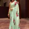 Green Floral Printed Saree In Satin -Riwaayat Store p2009sr05