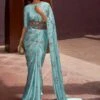 Blue Floral Printed Saree In Satin
