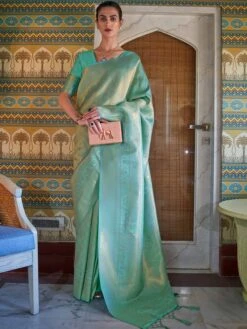 Turquoise Woven Party Wear Saree In Handloom Silk